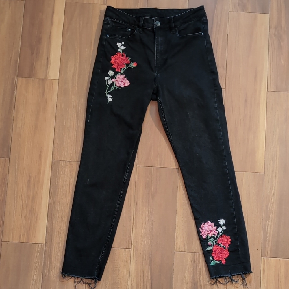 H&M Black Jeans with Red and Pink Floral Embroidery
